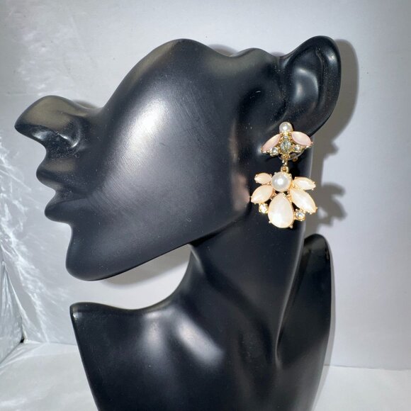 Vintage Light Pink Gold Tone Pierced Earrings Faux White Pearls & Acrylic Stones - Picture 4 of 4